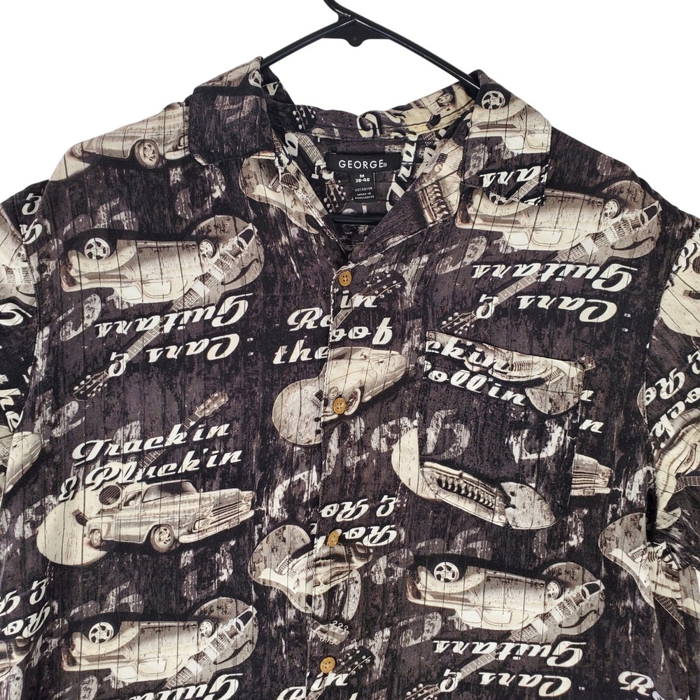 George Mens Black White Rayon Car Guitar Rock Roll Button Down Shirt Medium